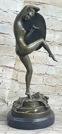 Nude Lady Justice w/ Sword & Shield Standing on Lion Pelt Bronze Statue Sculpture 15" x 7.5"
