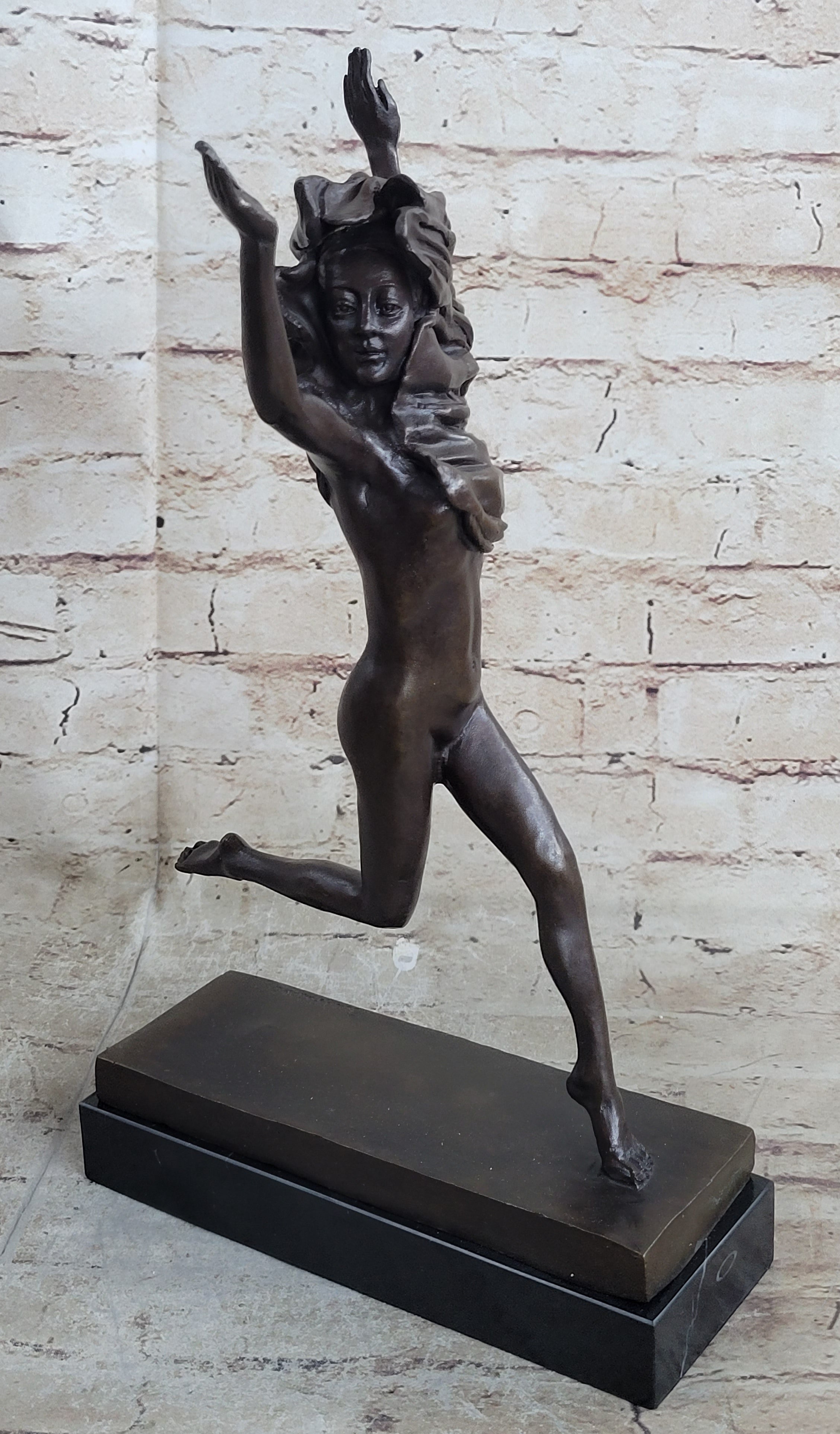 100% Solid Bronze Nude Woman Running in the Street Sculpture Figure