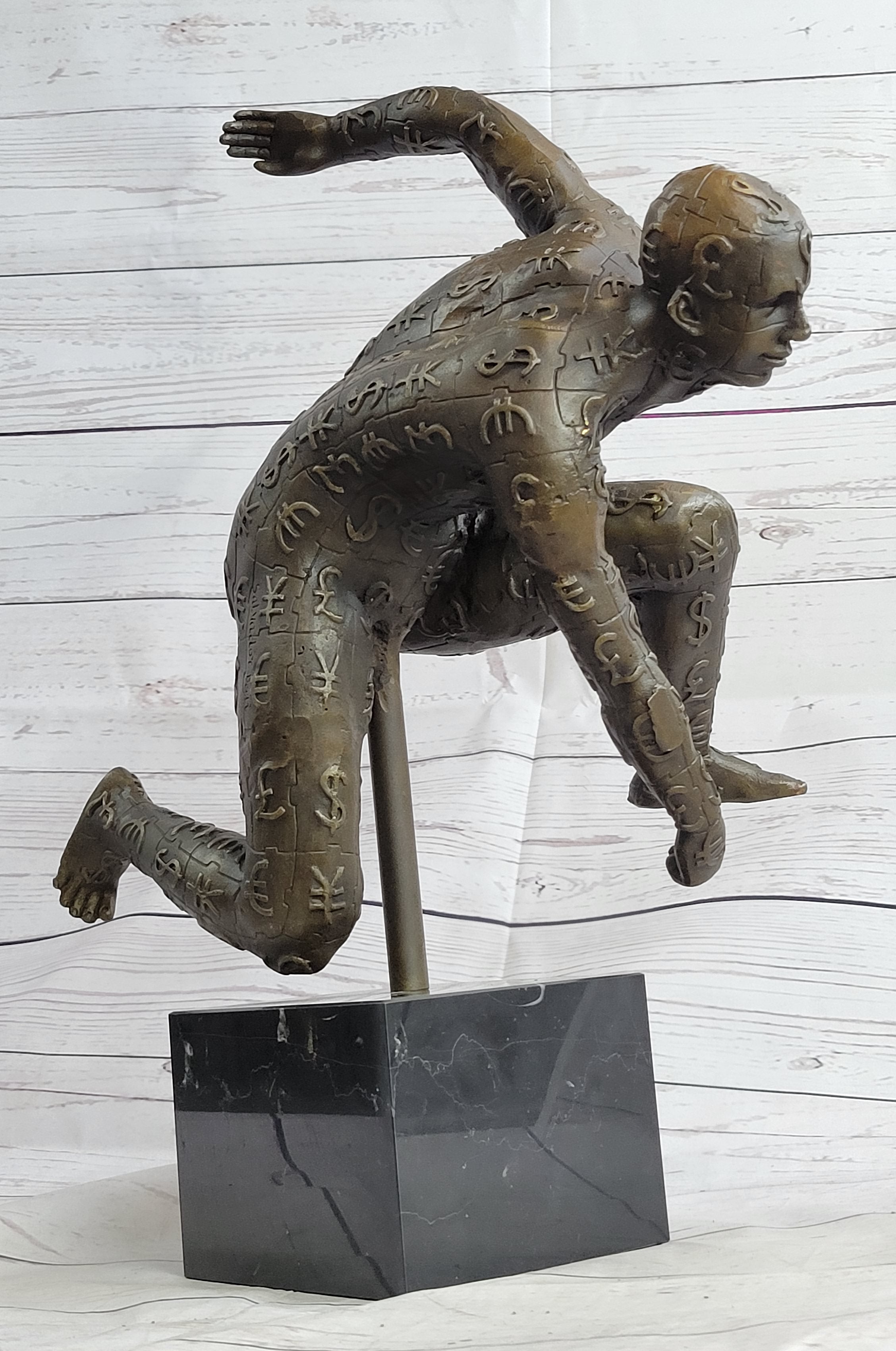 Running for the Money Bronze Metal Sculpture Statue of Man Covered in Currency Symbols 17" x 17"