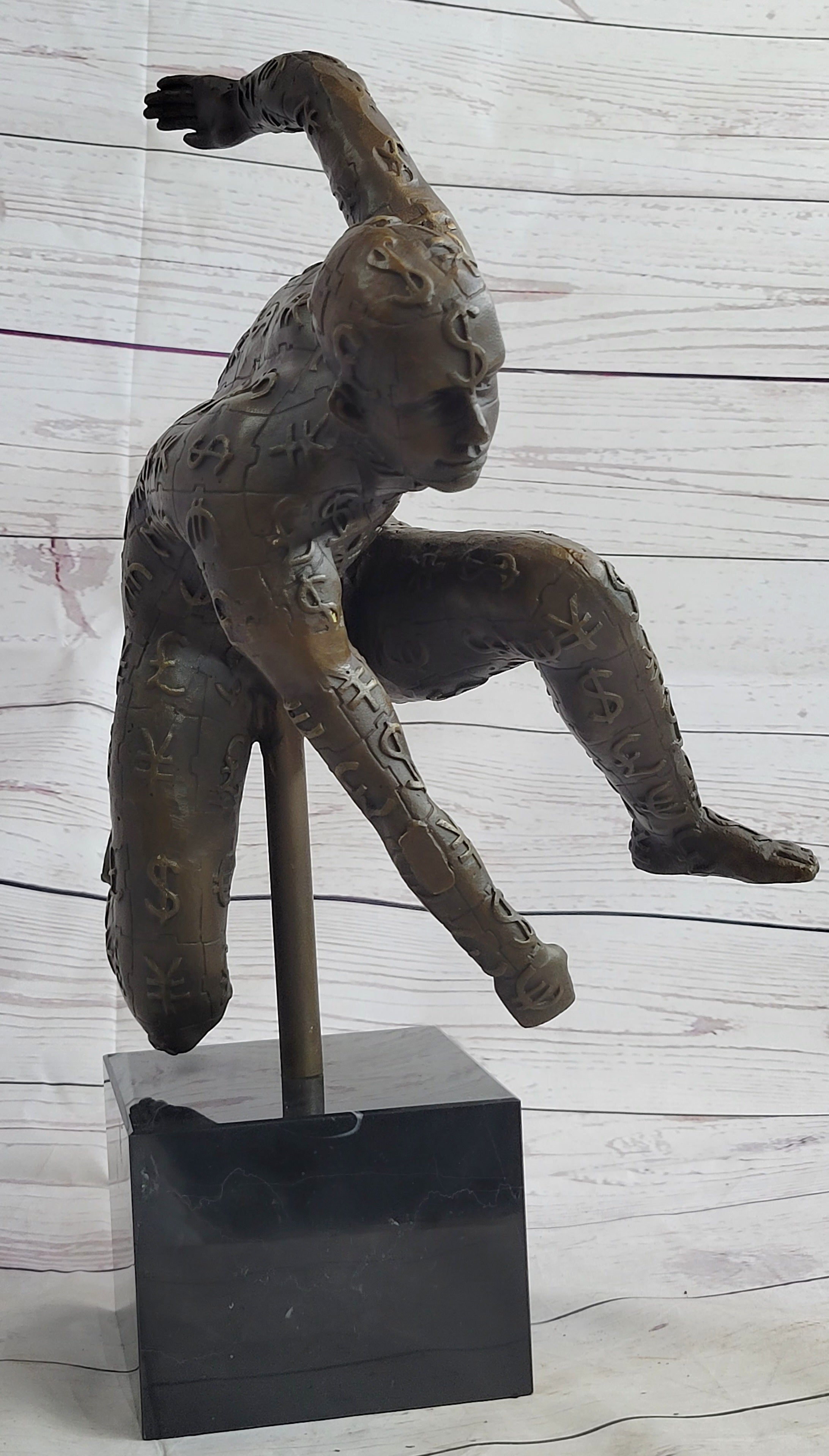 Running for the Money Bronze Metal Sculpture Statue of Man Covered in Currency Symbols 17" x 17"