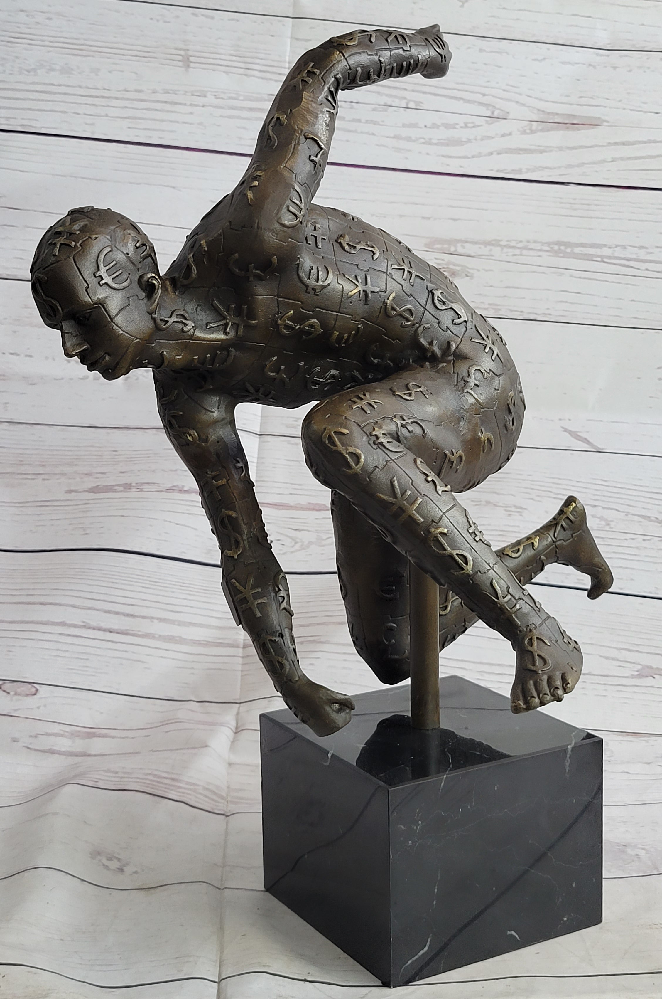 Running for the Money Bronze Metal Sculpture Statue of Man Covered in Currency Symbols 17" x 17"