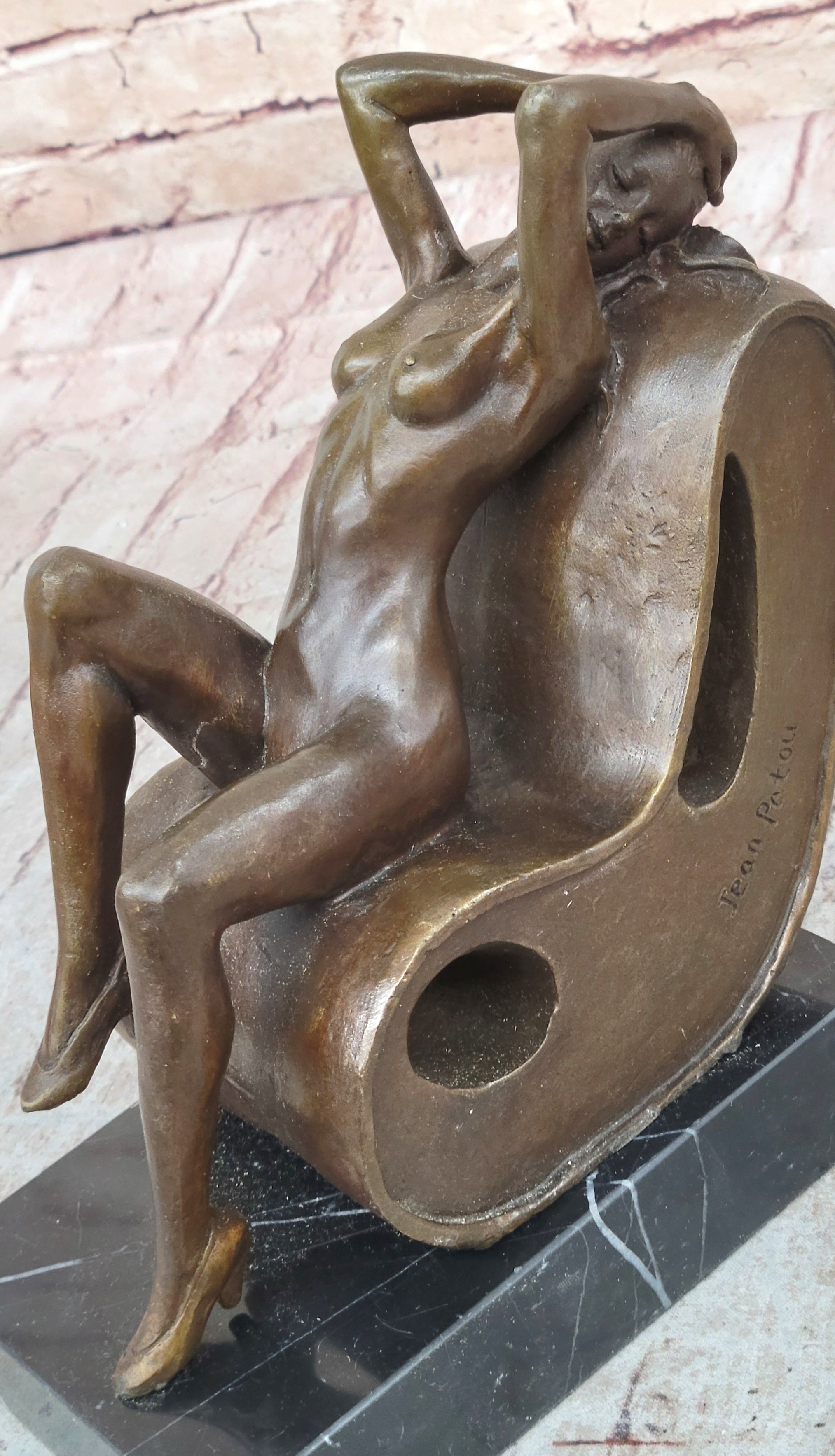 Sexy Nude Lady Sun Bathing Bronze Sculpture Art by J. Patoue