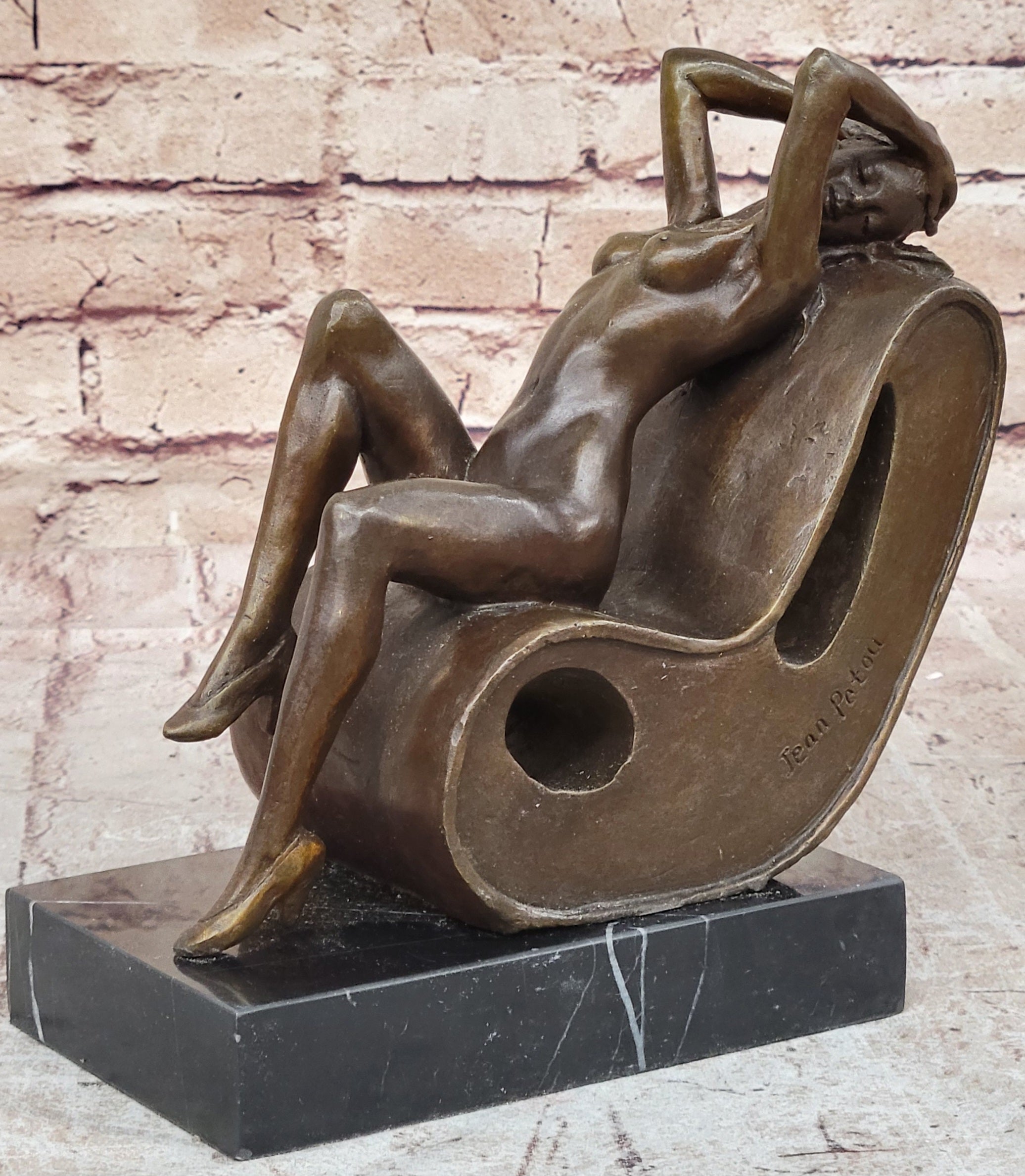 Sexy Nude Lady Sun Bathing Bronze Sculpture Art by J. Patoue