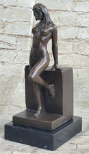 Nude Female Figure Girl Leaning Art Deco Bronze Sculpture Figural