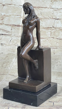 Nude Female Figure Girl Leaning Art Deco Bronze Sculpture Figural