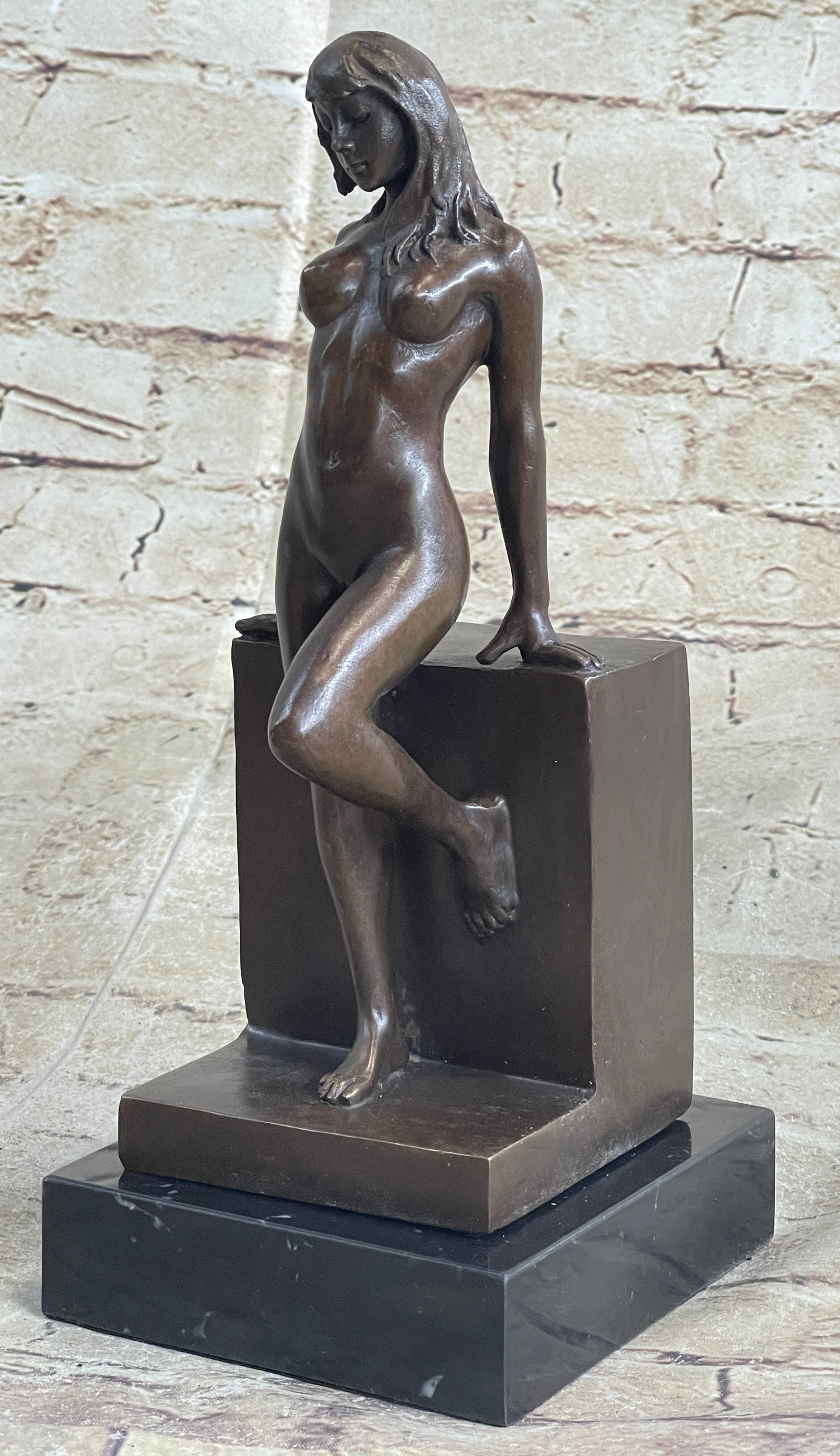 Nude Female Figure Girl Leaning Art Deco Bronze Sculpture Figural