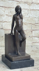 Nude Female Figure Girl Leaning Art Deco Bronze Sculpture Figural