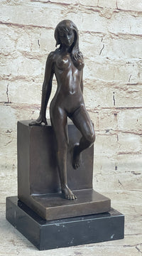 Nude Female Figure Girl Leaning Art Deco Bronze Sculpture Figural