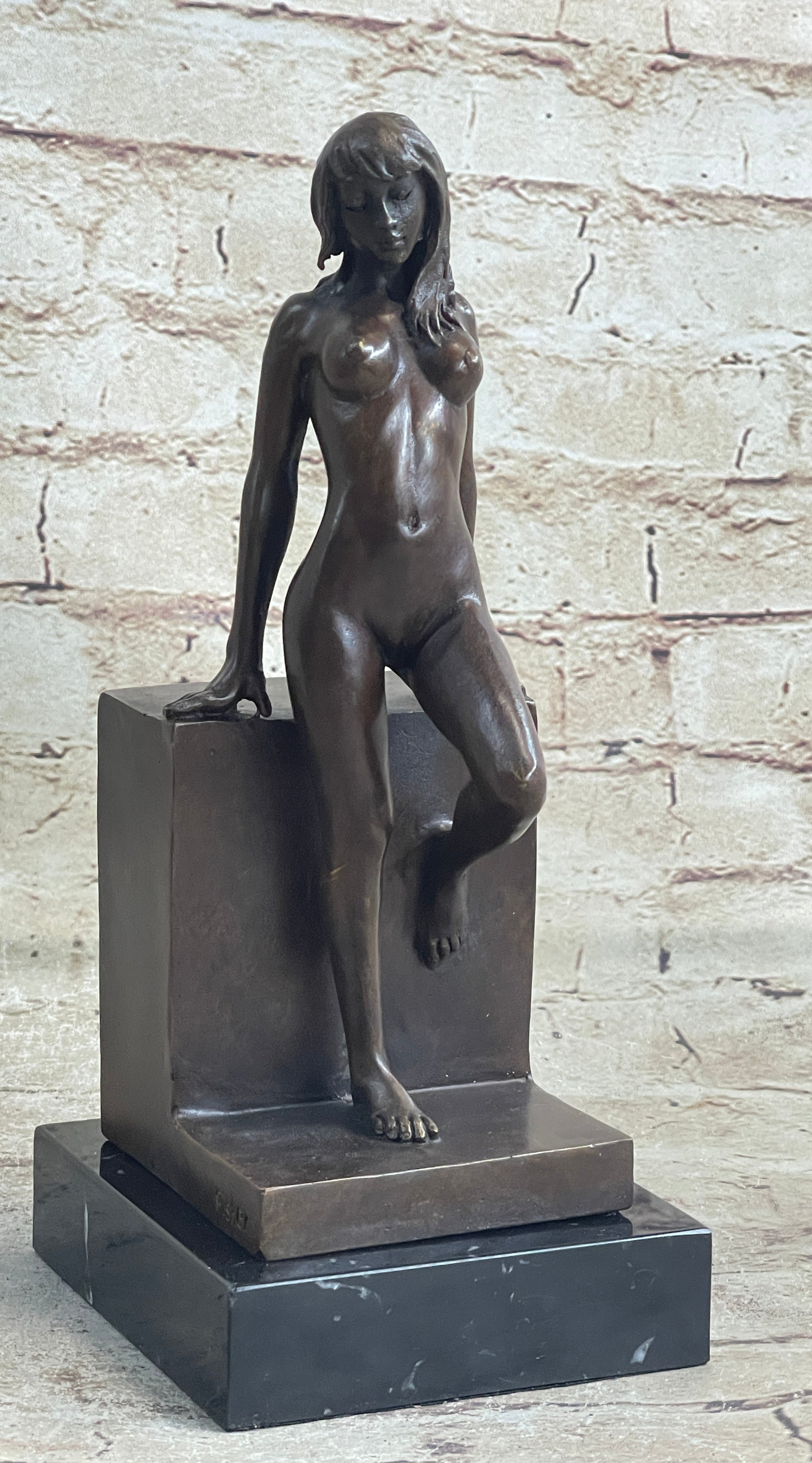 Nude Female Figure Girl Leaning Art Deco Bronze Sculpture Figural