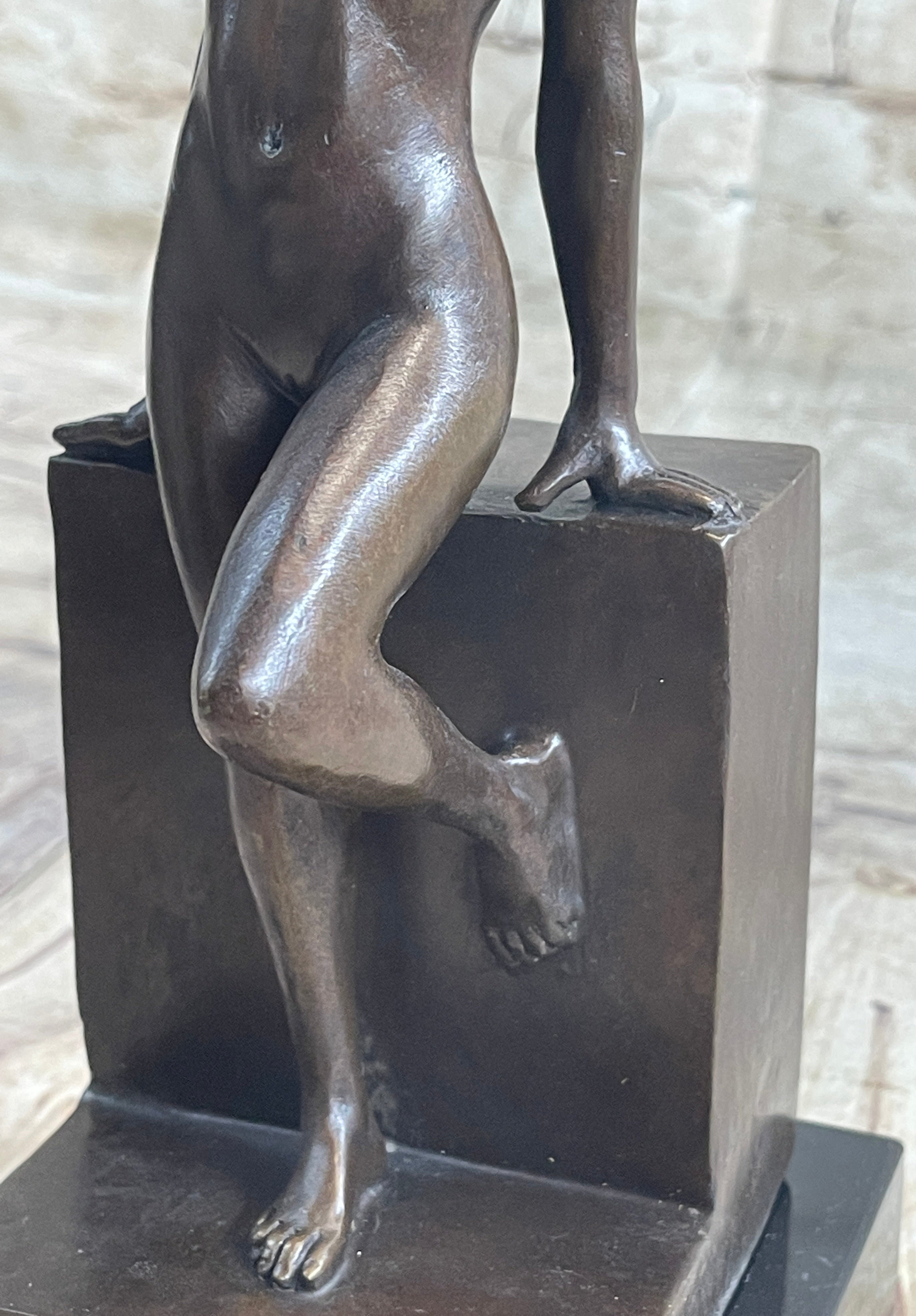 Nude Female Figure Girl Leaning Art Deco Bronze Sculpture Figural