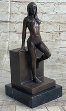 Nude Female Figure Girl Leaning Art Deco Bronze Sculpture Figural