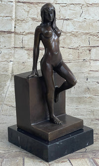 Nude Female Figure Girl Leaning Art Deco Bronze Sculpture Figural