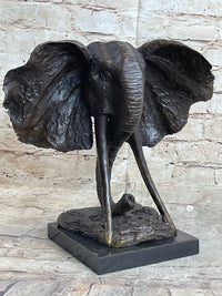 Elephant Head Bronze Metal Bust Sculpture Signed Art Marble Base