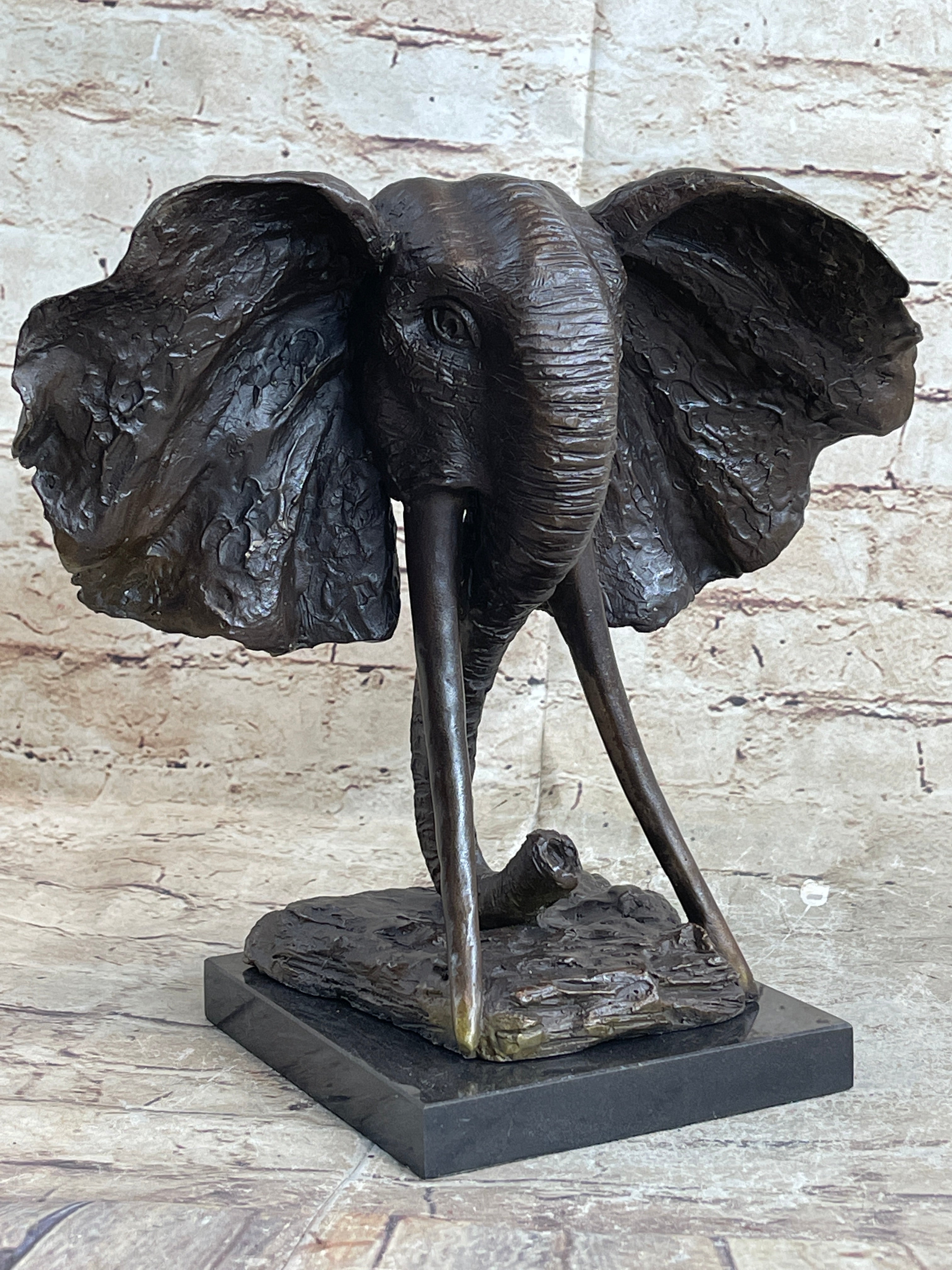 Elephant Head Bronze Metal Bust Sculpture Signed Art Marble Base