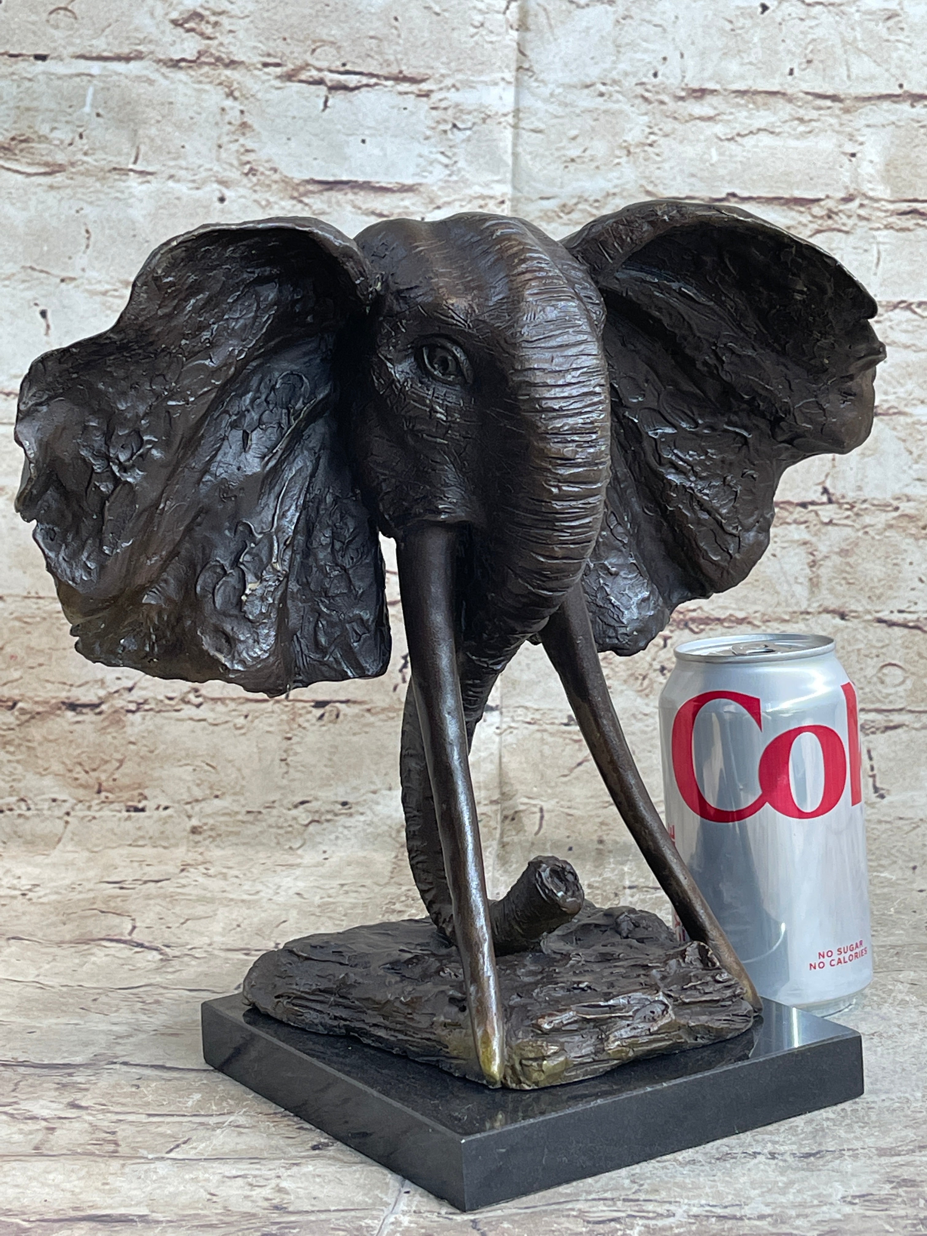 Elephant Head Bronze Metal Bust Sculpture Signed Art Marble Base