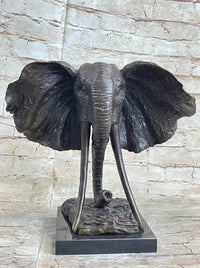 Elephant Head Bronze Metal Bust Sculpture Signed Art Marble Base