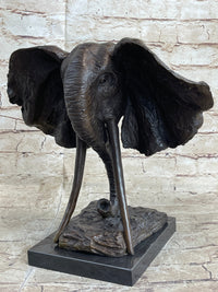 Elephant Head Bronze Metal Bust Sculpture Signed Art Marble Base