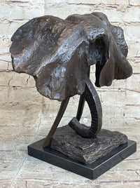 Elephant Head Bronze Metal Bust Sculpture Signed Art Marble Base