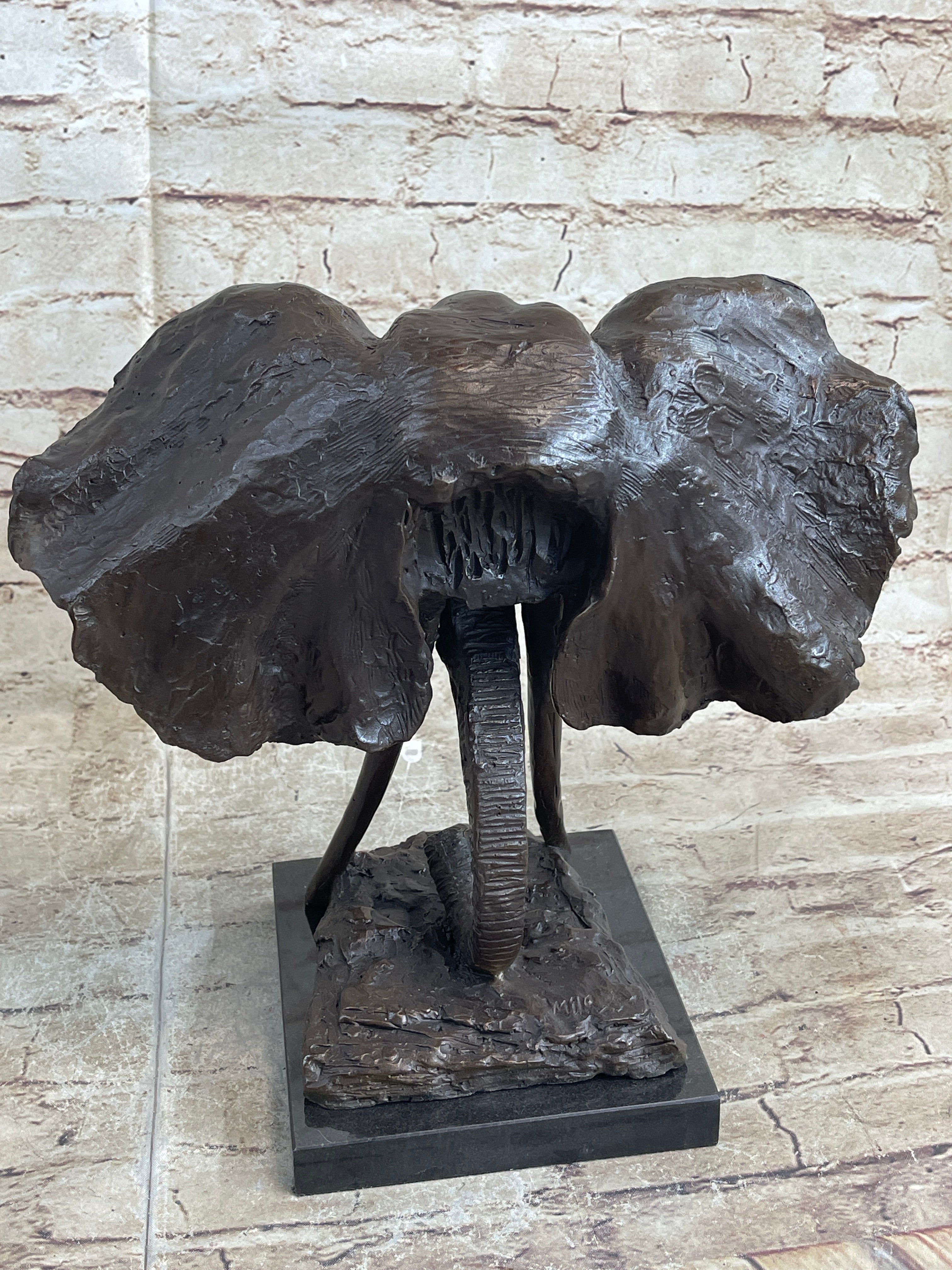 Elephant Head Bronze Metal Bust Sculpture Signed Art Marble Base