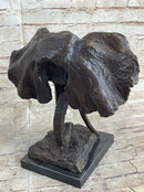 Elephant Head Bronze Metal Bust Sculpture Signed Art Marble Base