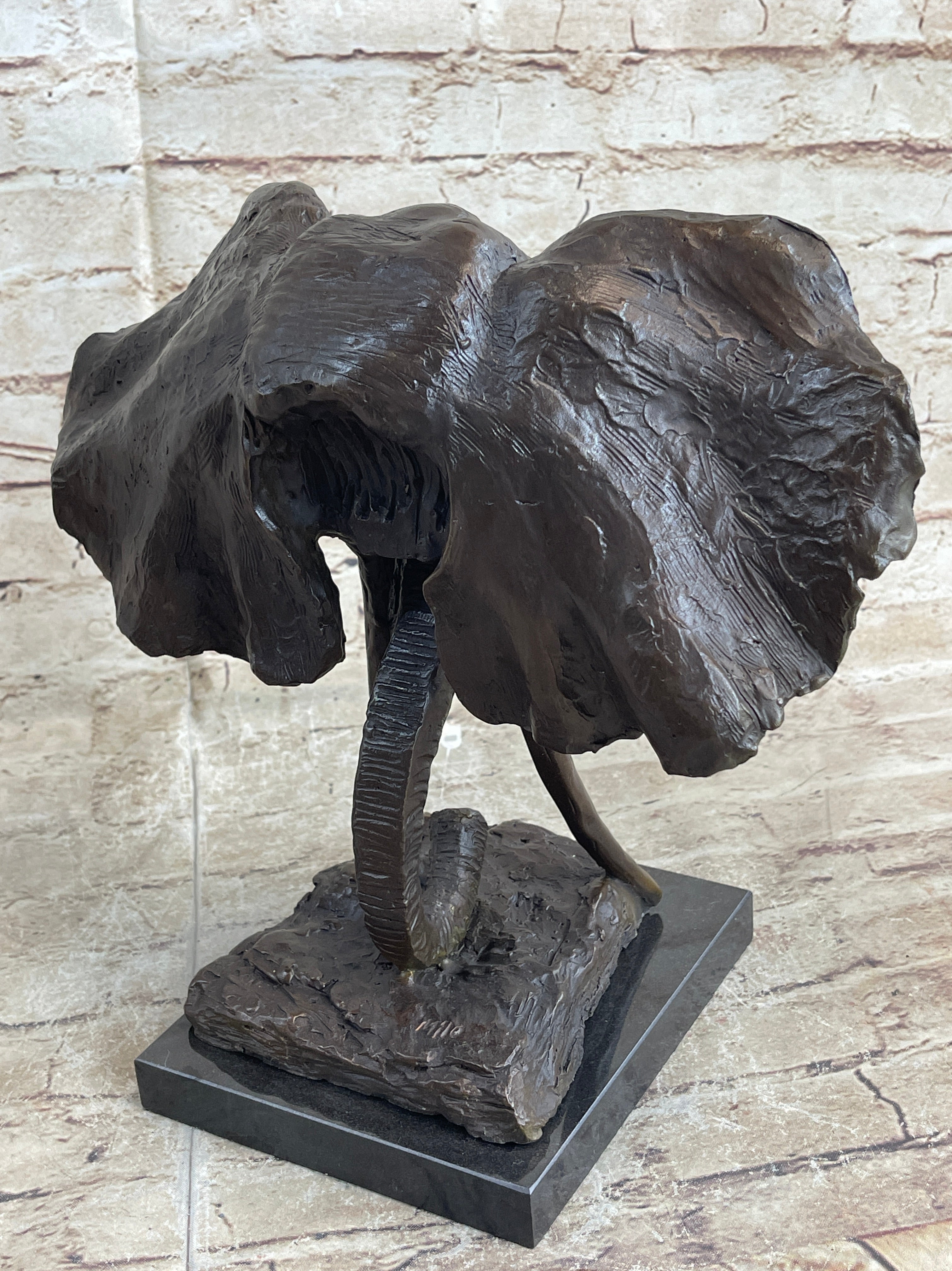 Elephant Head Bronze Metal Bust Sculpture Signed Art Marble Base