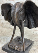 Elephant Head Bronze Metal Bust Sculpture Signed Art Marble Base