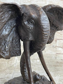 Elephant Head Bronze Metal Bust Sculpture Signed Art Marble Base