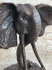 Elephant Head Bronze Metal Bust Sculpture Signed Art Marble Base