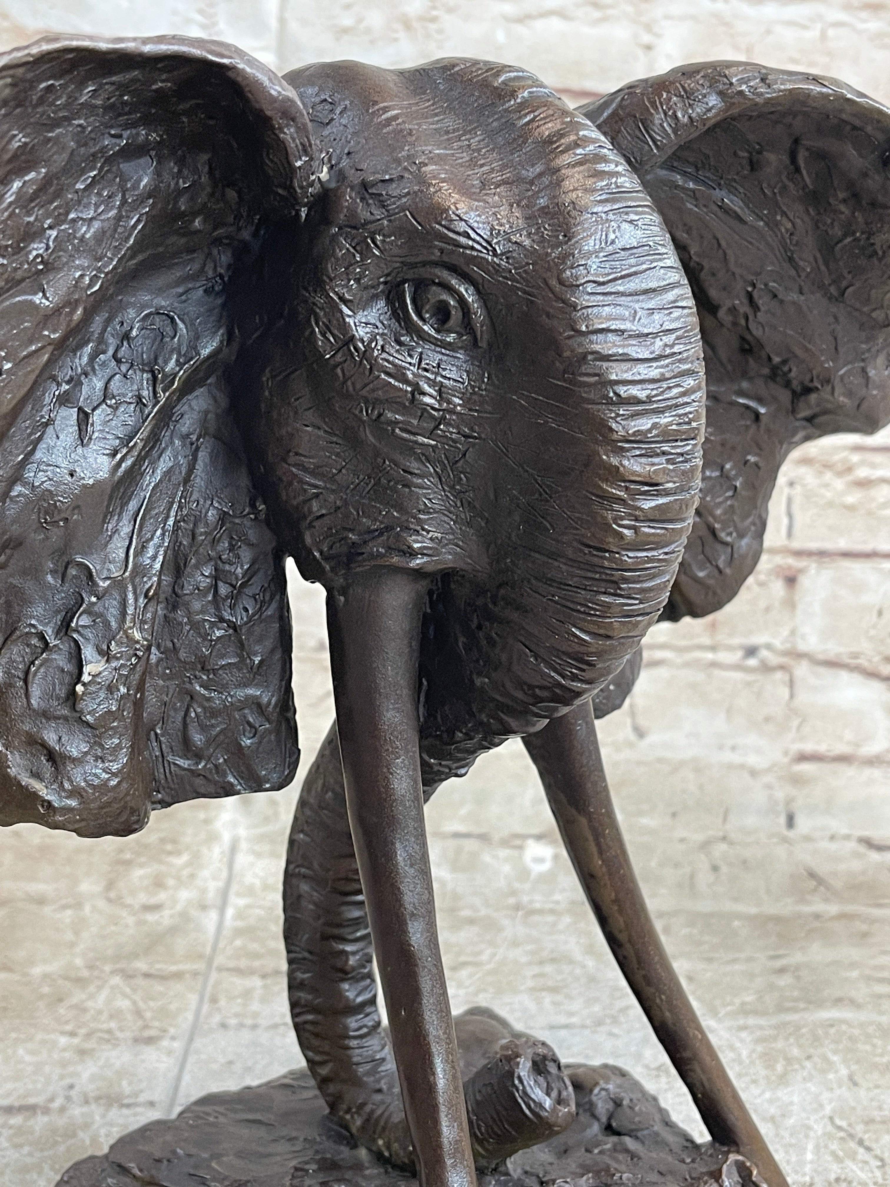 Elephant Head Bronze Metal Bust Sculpture Signed Art Marble Base