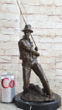 Fisherman Man Fishing Bronze Sculpture 16" x 8"