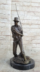 Fisherman Man Fishing Bronze Sculpture 16" x 8"
