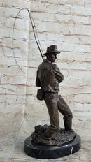 Fisherman Man Fishing Bronze Sculpture 16" x 8"