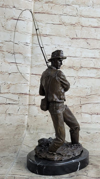Fisherman Man Fishing Bronze Sculpture 16" x 8"