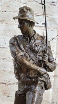 Fisherman Man Fishing Bronze Sculpture 16" x 8"
