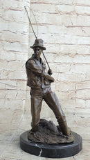 Fisherman Man Fishing Bronze Sculpture 16" x 8"