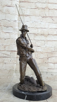 Fisherman Man Fishing Bronze Sculpture 16" x 8"
