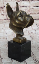 Boxer Dog Bronze Metal Bust Sculpture Signed Art on Marble Base