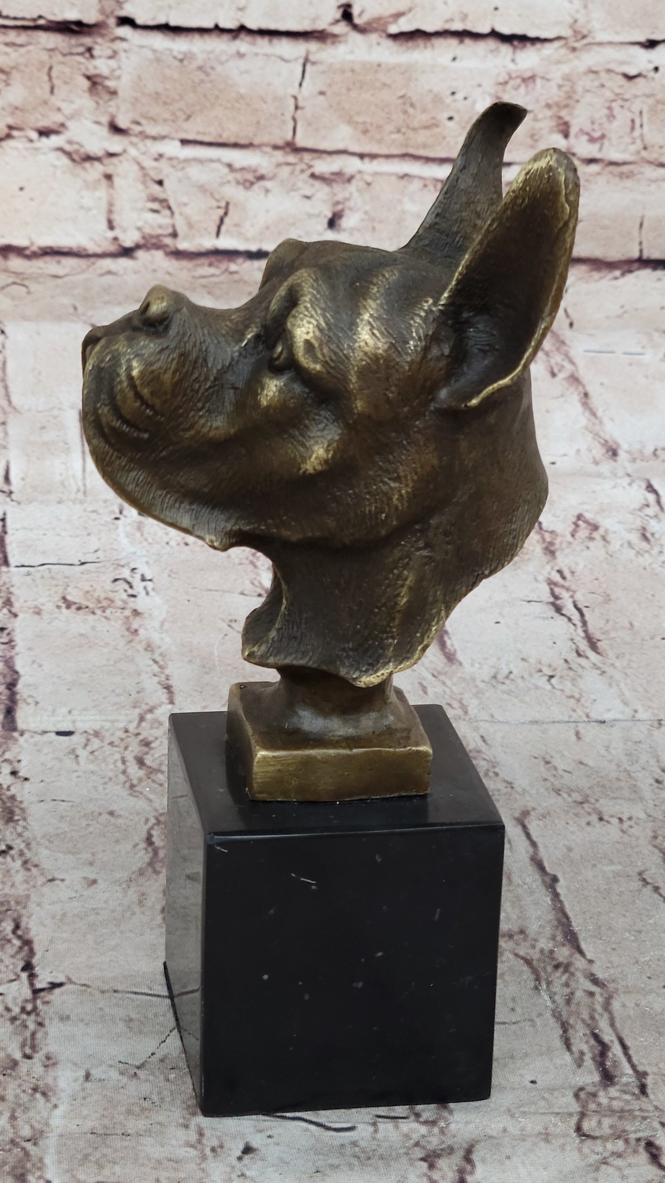 Boxer Dog Bronze Metal Bust Sculpture Signed Art on Marble Base