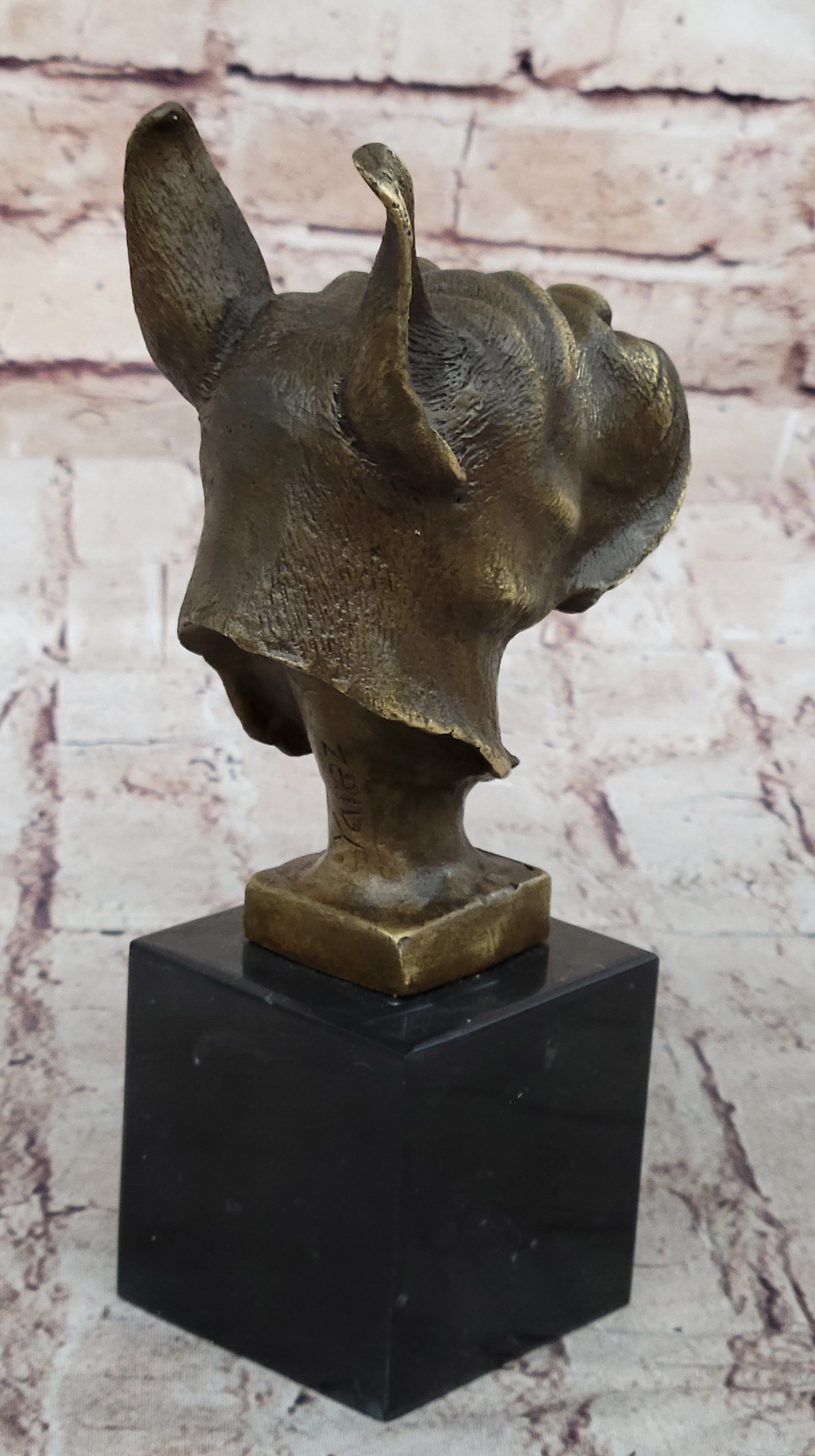 Boxer Dog Bronze Metal Bust Sculpture Signed Art on Marble Base