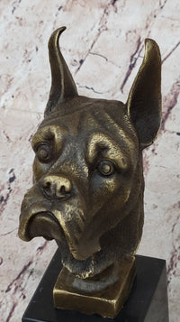Boxer Dog Bronze Metal Bust Sculpture Signed Art on Marble Base