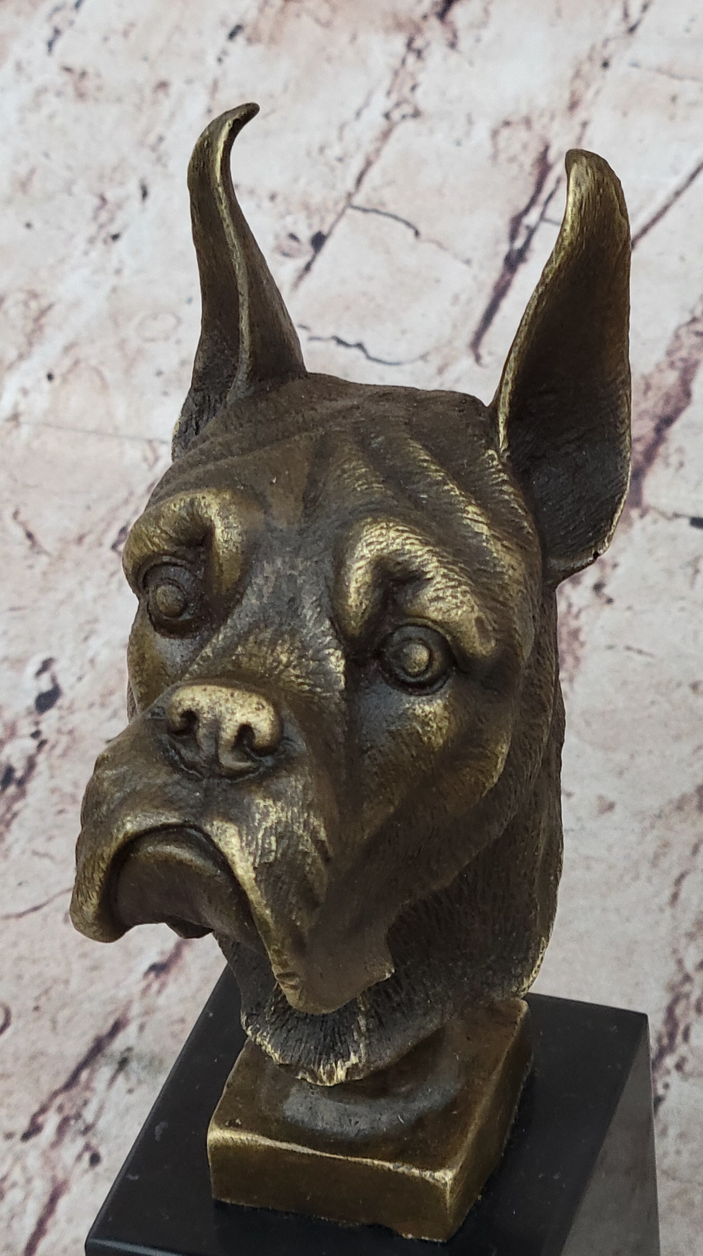 Boxer Dog Bronze Metal Bust Sculpture Signed Art on Marble Base