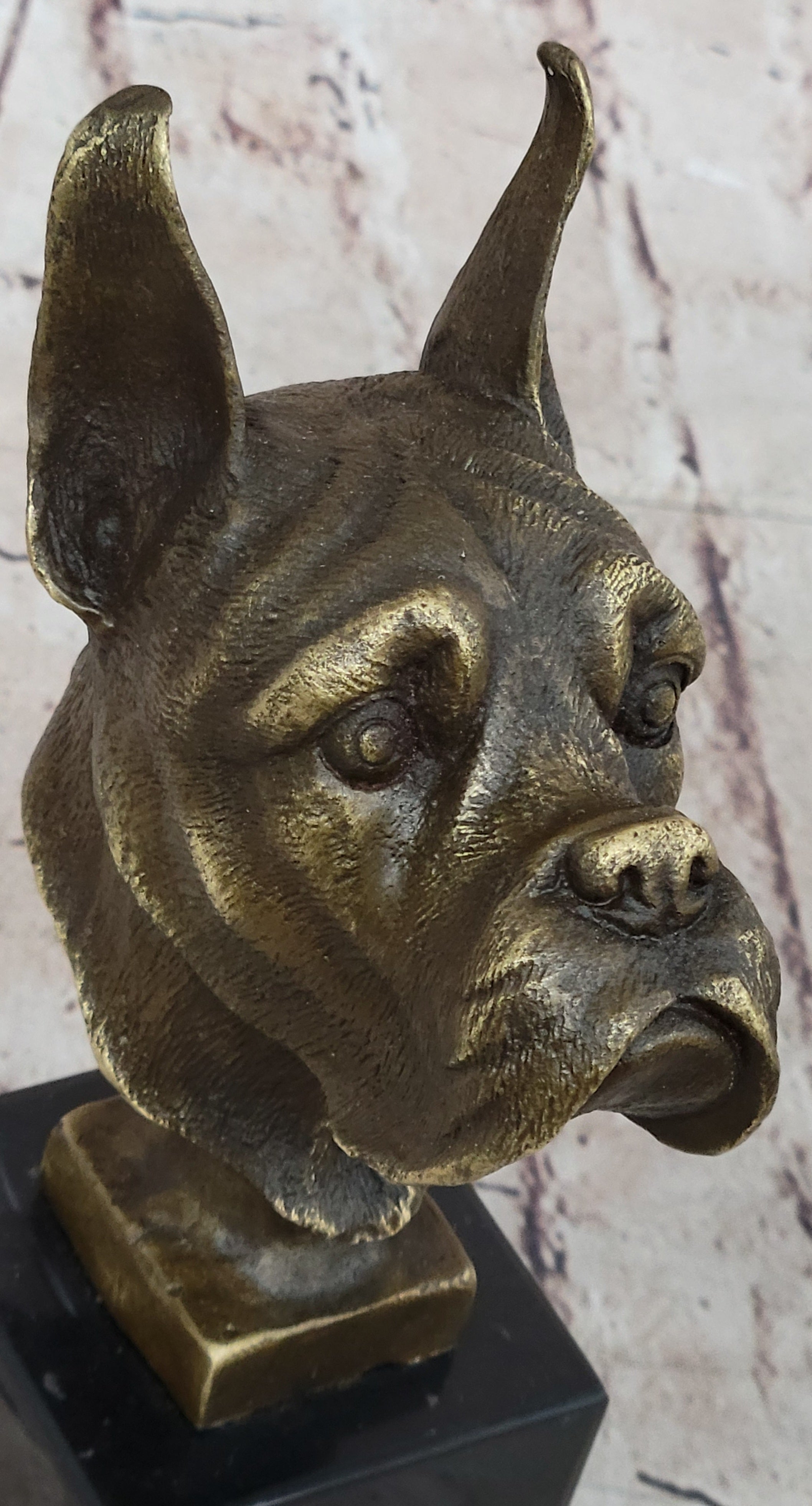 Boxer Dog Bronze Metal Bust Sculpture Signed Art on Marble Base