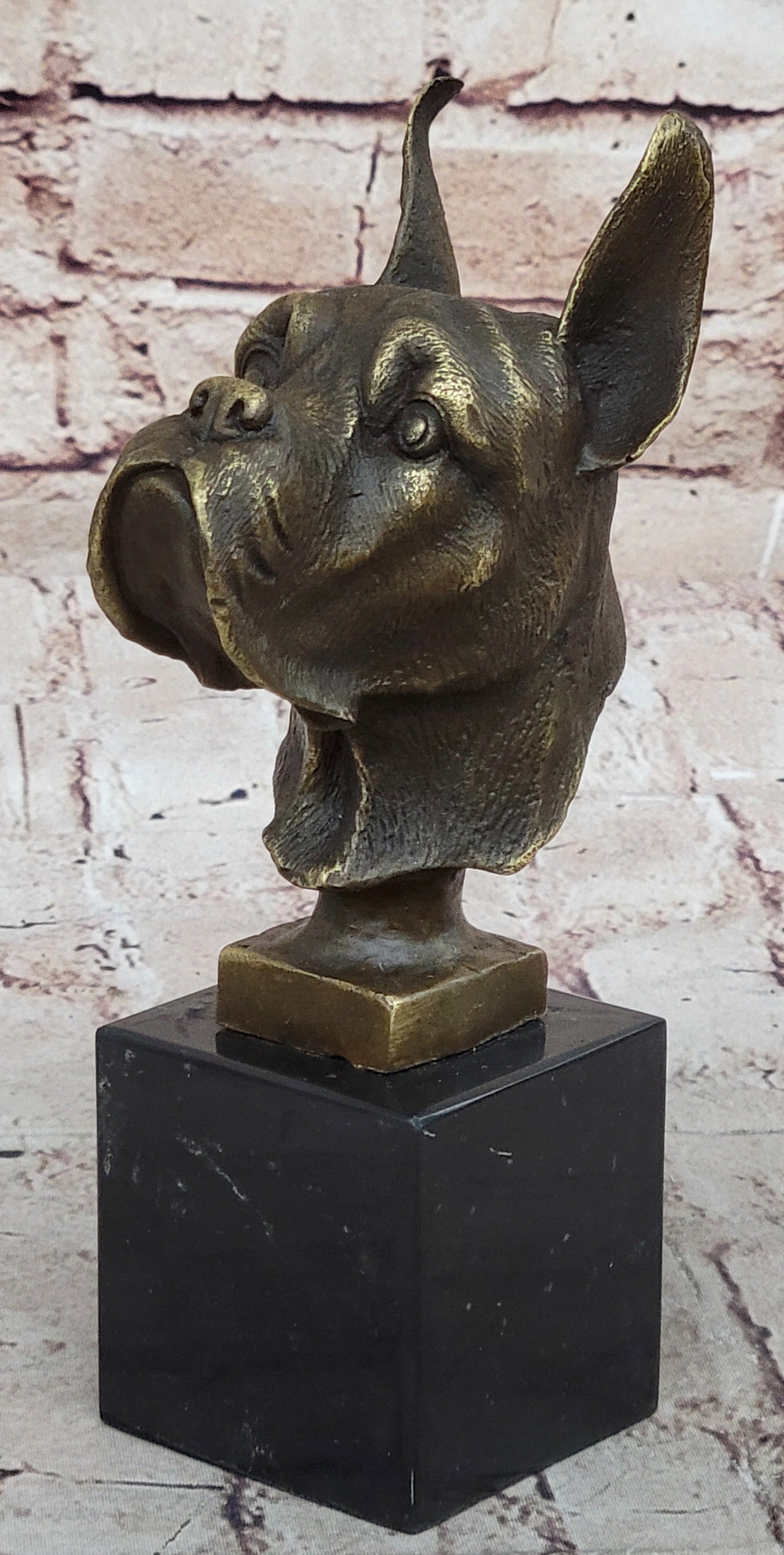 Boxer Dog Bronze Metal Bust Sculpture Signed Art on Marble Base
