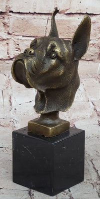 Boxer Dog Bronze Metal Bust Sculpture Signed Art on Marble Base