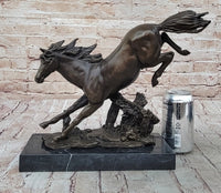 Jumping Racing Wild Horse Stallion Bronze Sculpture Signed Art