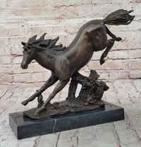 Jumping Racing Wild Horse Stallion Bronze Sculpture Signed Art