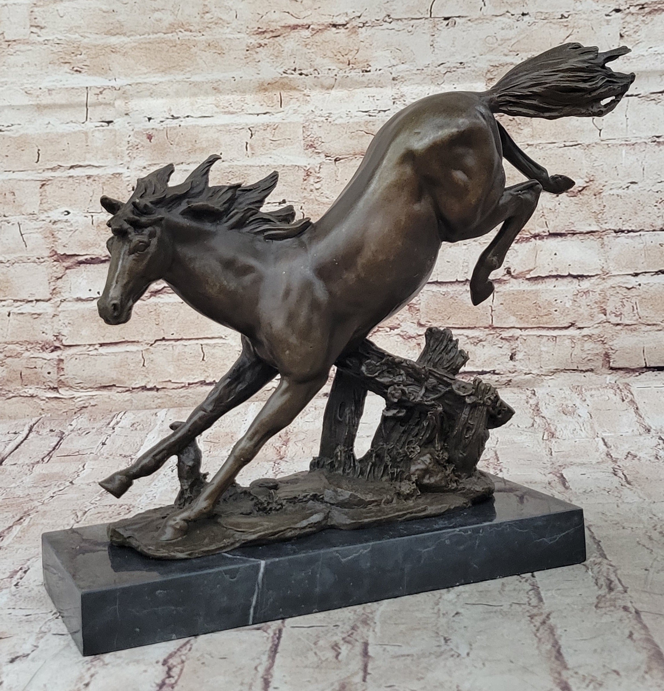 Jumping Racing Wild Horse Stallion Bronze Sculpture Signed Art