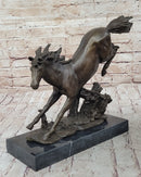 Jumping Racing Wild Horse Stallion Bronze Sculpture Signed Art