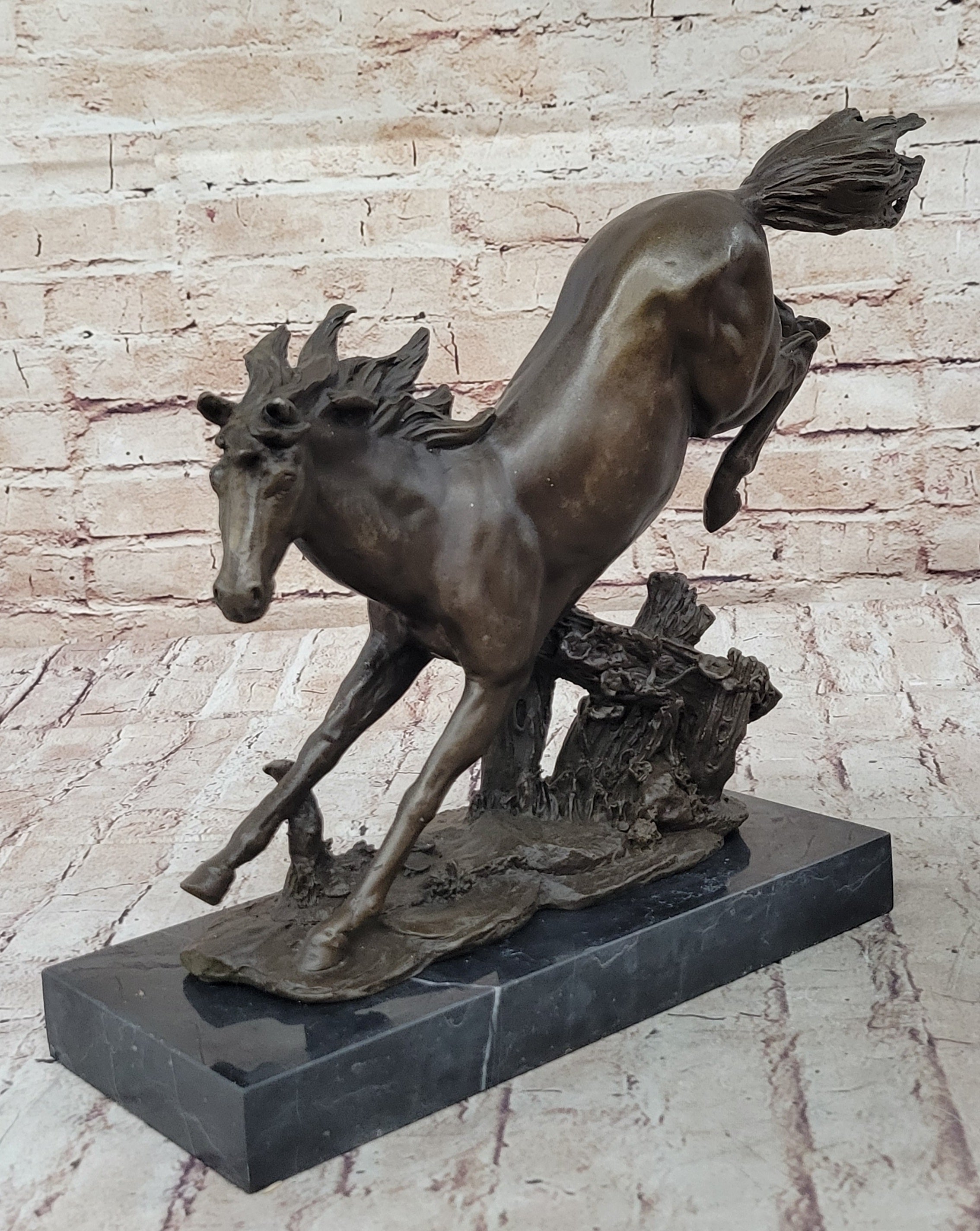 Jumping Racing Wild Horse Stallion Bronze Sculpture Signed Art
