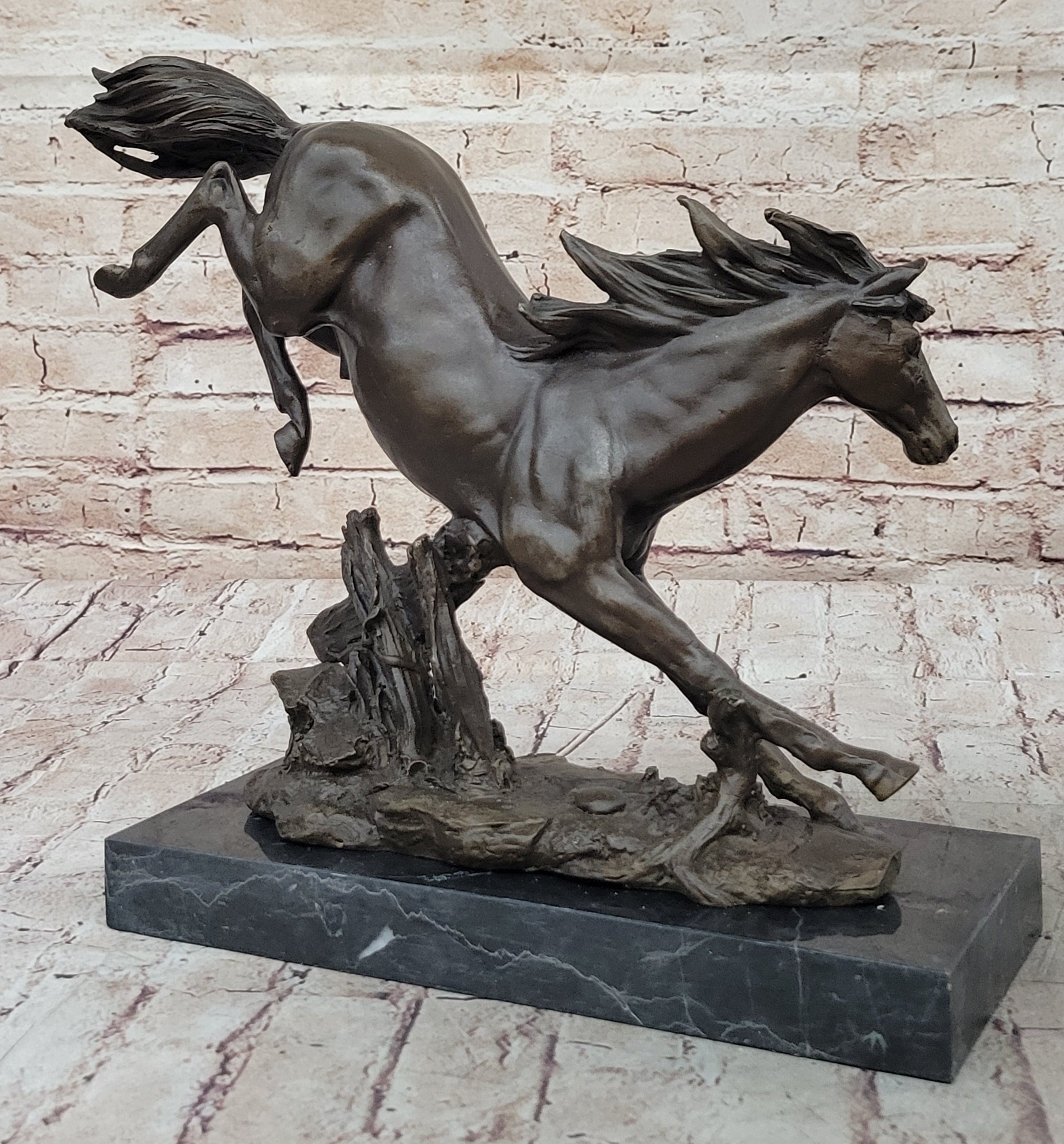 Jumping Racing Wild Horse Stallion Bronze Sculpture Signed Art